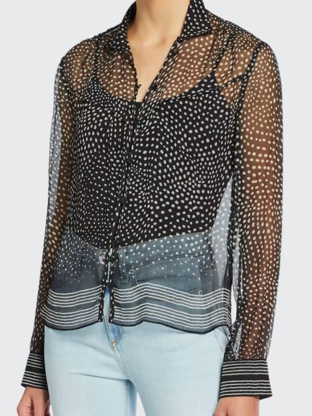 Rag & Bone Libby Sheer Printed Silk Crinkle Chiffon Polka Dot Blouse